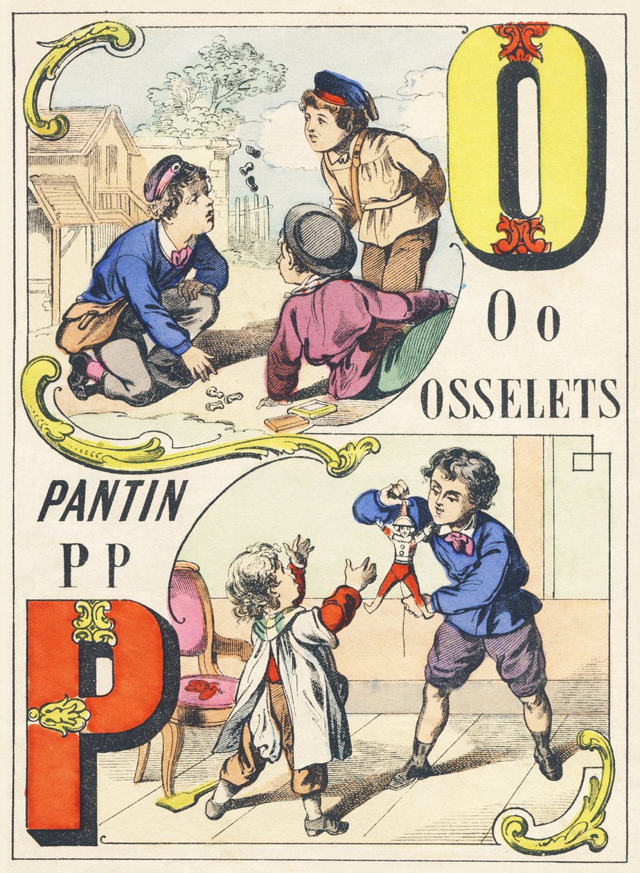 O P : osselets, pantin - Alfabeto dei Giochi, c.1890 (illustrazione) da Unbekannt