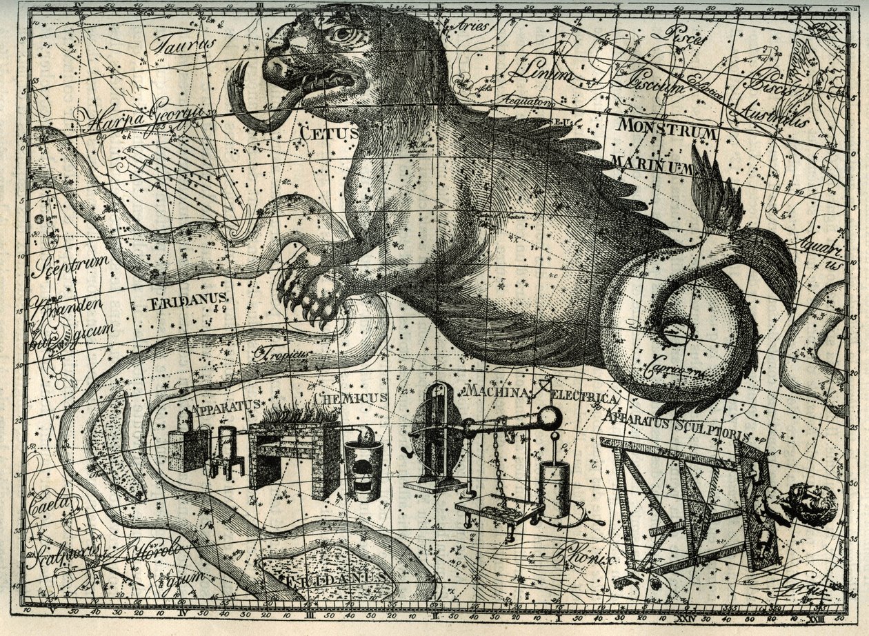 Una delle ultime costellazioni meridionali visibili in Francia è quella della Balena, rappresentata come un animale fantastico con una lingua biforcuta e una lunga coda da Unbekannt