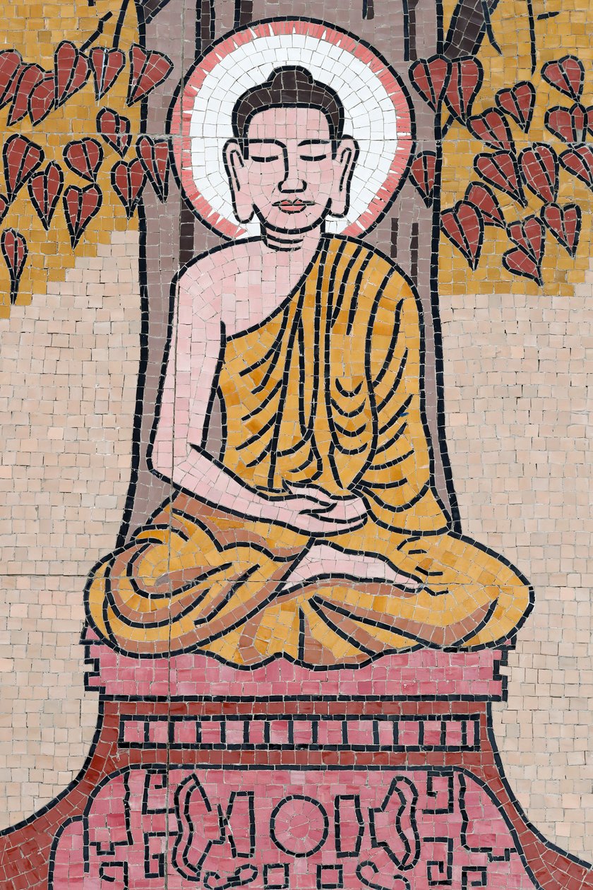 Pagoda buddista Ong Nui, Affresco murale, La vita del Buddha, Buddha Shakyamuni seduto in meditazione sotto l