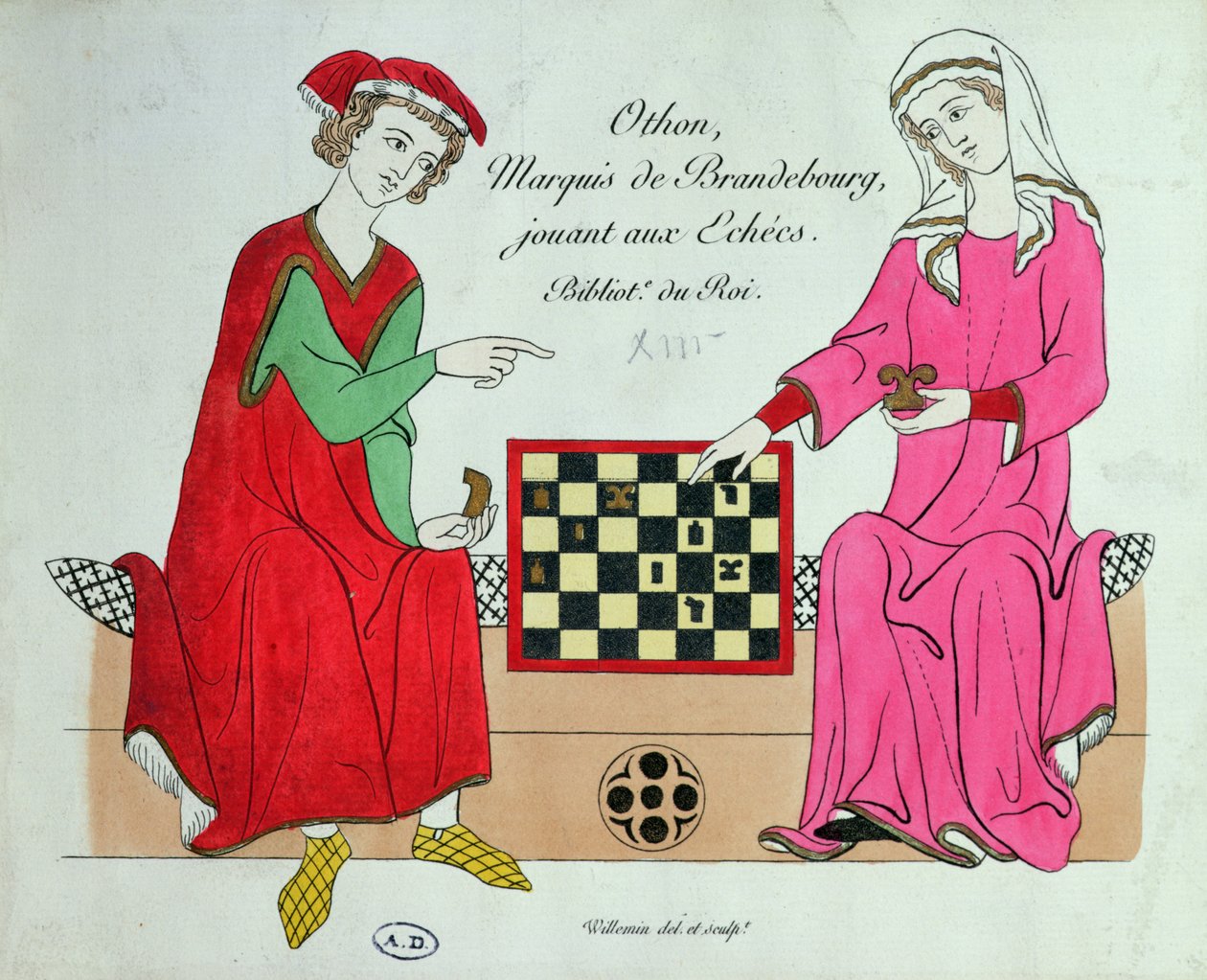 Otto IV, Marchese di Brandeburgo, gioca a scacchi con una dama, illustrazione da un facsimile del Codice Manesse o Grosse Heidelberger Liederhandschrift, realizzato a Zurigo c.1305-40 da Unbekannt