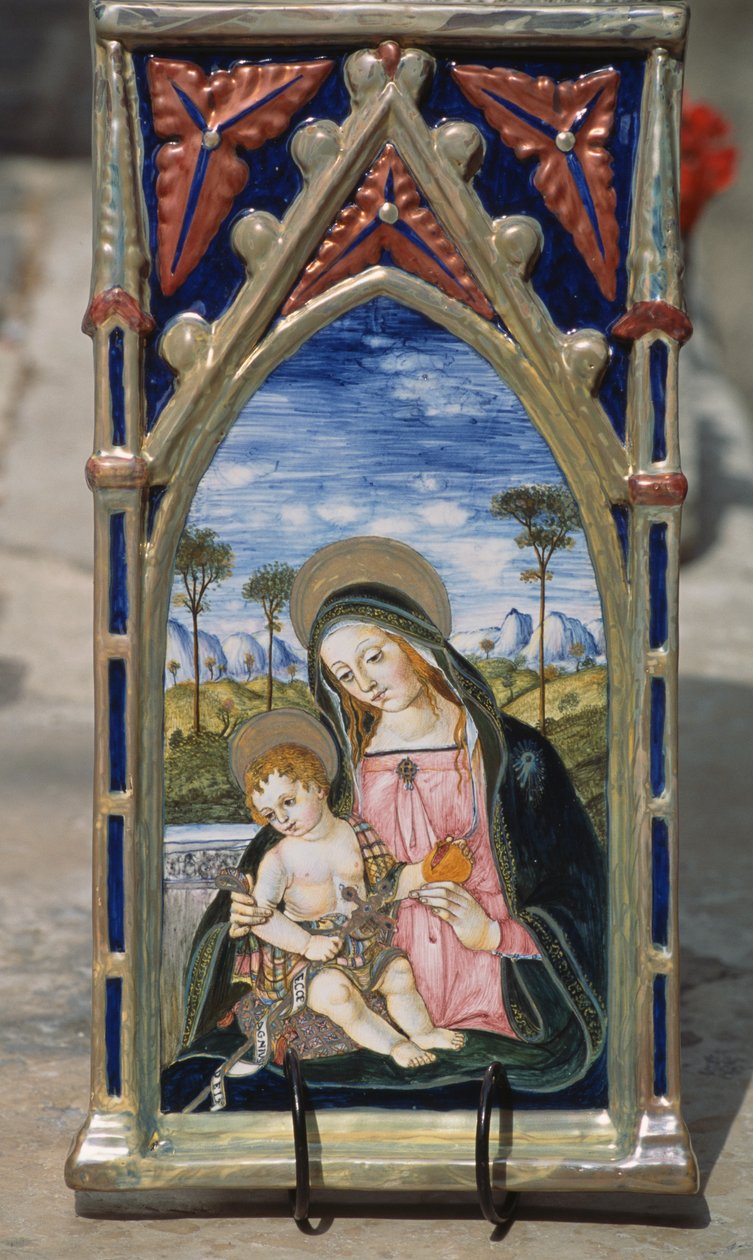 Piastrella di ceramica dipinta raffigurante Madonna con Bambino, Gualdo Tadino, Umbria, Italia da William M. Timlin