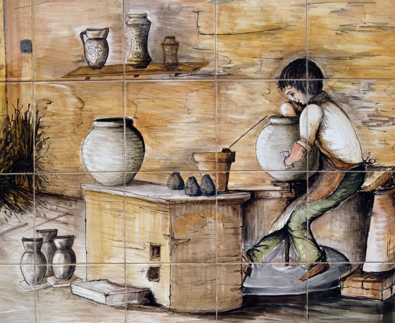 Pannello in maiolica dipinta raffigurante scena di produzione di ceramiche, realizzato a mano da Ceramiche Desuir, Santo Stefano di Camastra, Sicilia, Italia (dettaglio) da William M. Timlin
