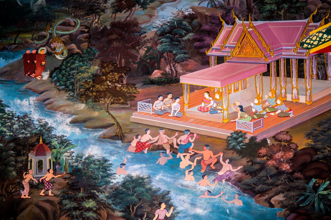 Dipinti di scene di villaggio con Buddha in Thailandia, Wat bang riang, Thub Pat, Phang Nga, Thailandia, Asia (foto) da Unbekannter Künstler
