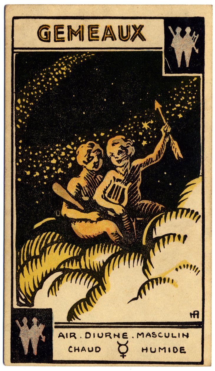 Paranormale. Astrologia. Gemelli (i Gemelli). Carta astrologica da: Le Tarot Astrologique, di Georges Muchery, Francia da Unbekannter Künstler