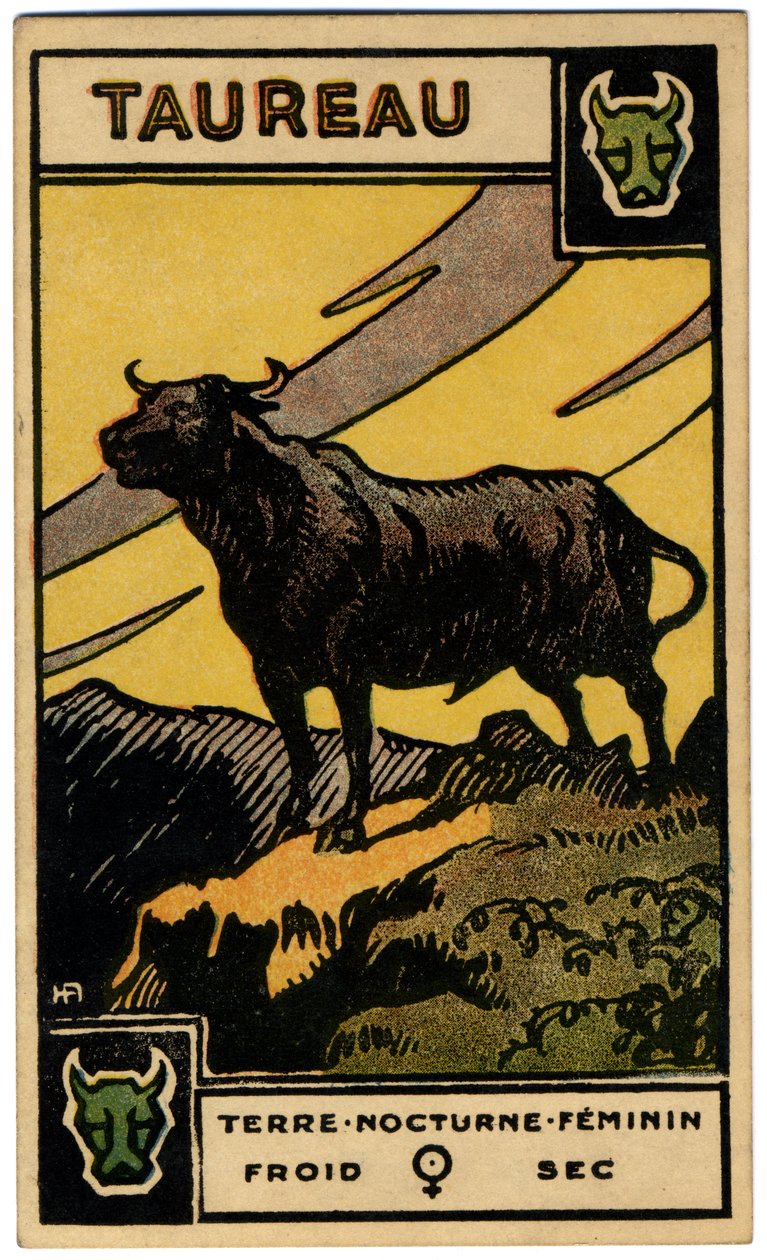 Paranormale. Astrologia. Toro (il Toro). Carta astrologica da: Le Tarot Astrologique, di Georges Muchery, Francia da Unbekannter Künstler