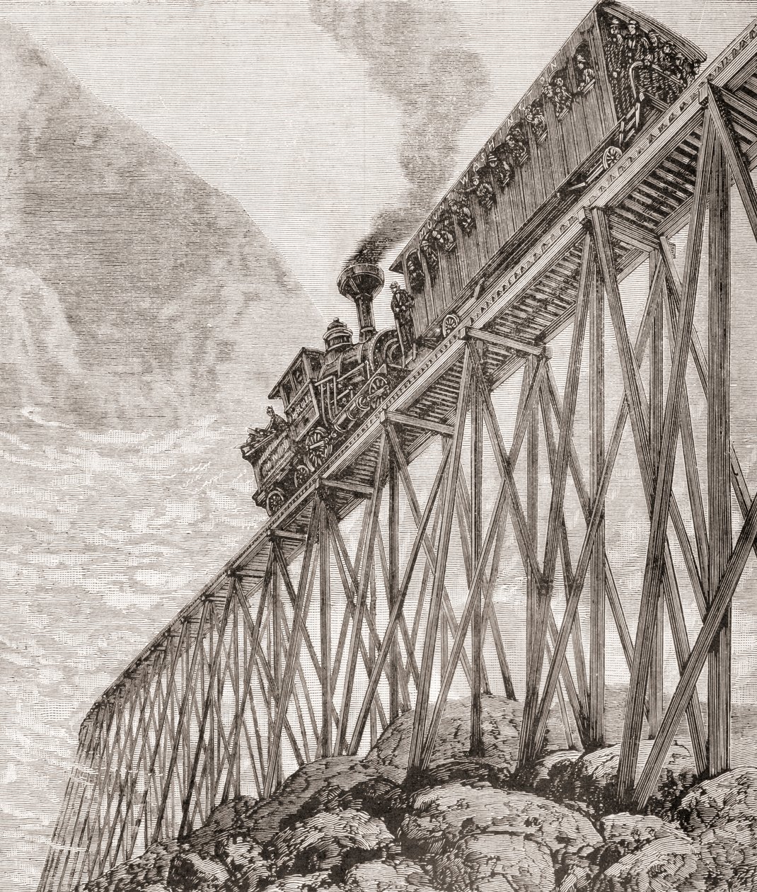 Parte di una ferrovia lunga quattro chilometri nel New Hampshire, Stati Uniti, costruita per viaggi ricreativi e per i passeggeri per godere di viste panoramiche, c.1880, da 