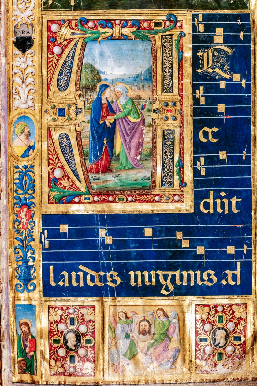 Biblioteca Piccolomini: libro del coro, cod. 14.P., ff. 2r con "Visitazione di Maria e Sant