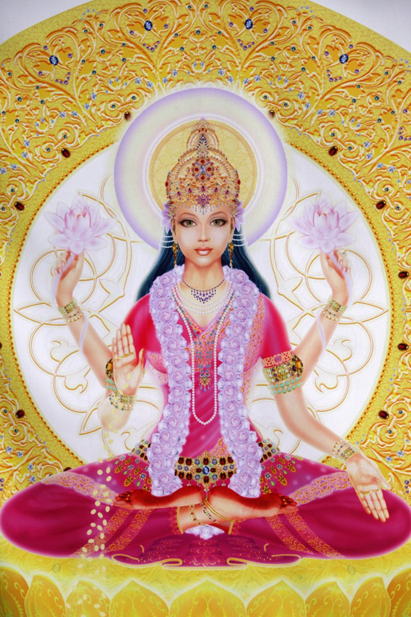 Immagine che mostra Lakshmi, Dea della ricchezza e consorte di Lord Vishnu, seduta con fiori di loto da Unbekannt