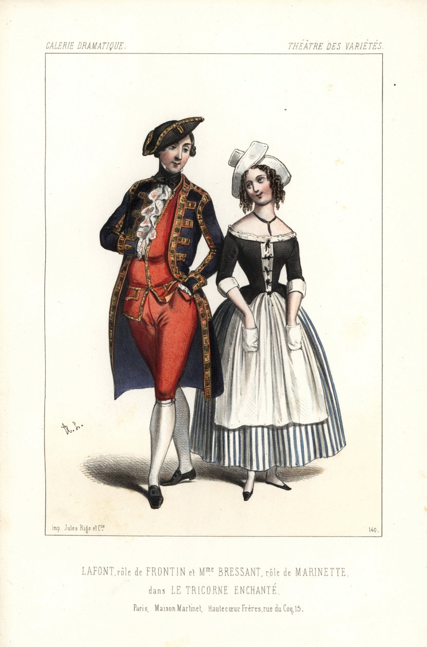 Pierre-Cheri Lafont nel ruolo di Frontin e Madame Bressant o Augustine Dupont come Marinette in Le Tricorne Enchante di Theophile Gautier, Theatre des Varietes da Unbekannter Künstler