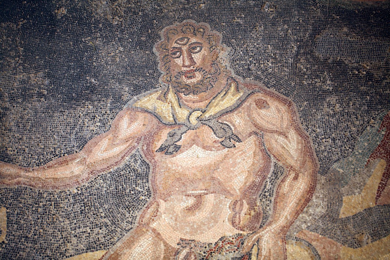 Sala di Polifemo. Dettaglio del ciclope che divora le interiora di una capra. III - IV secolo. Villa Romana del Casale, Sicilia. Sito UNESCO da Unbekannt
