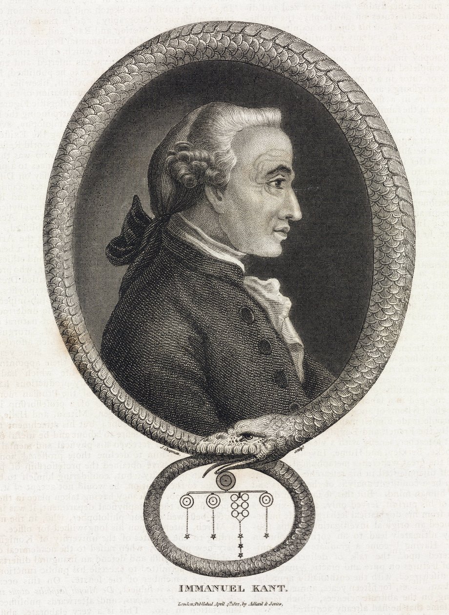 Ritratto del filosofo Immanuel Kant (1724-1804), in una cornice formata da un serpente che si morde la coda da Unbekannt