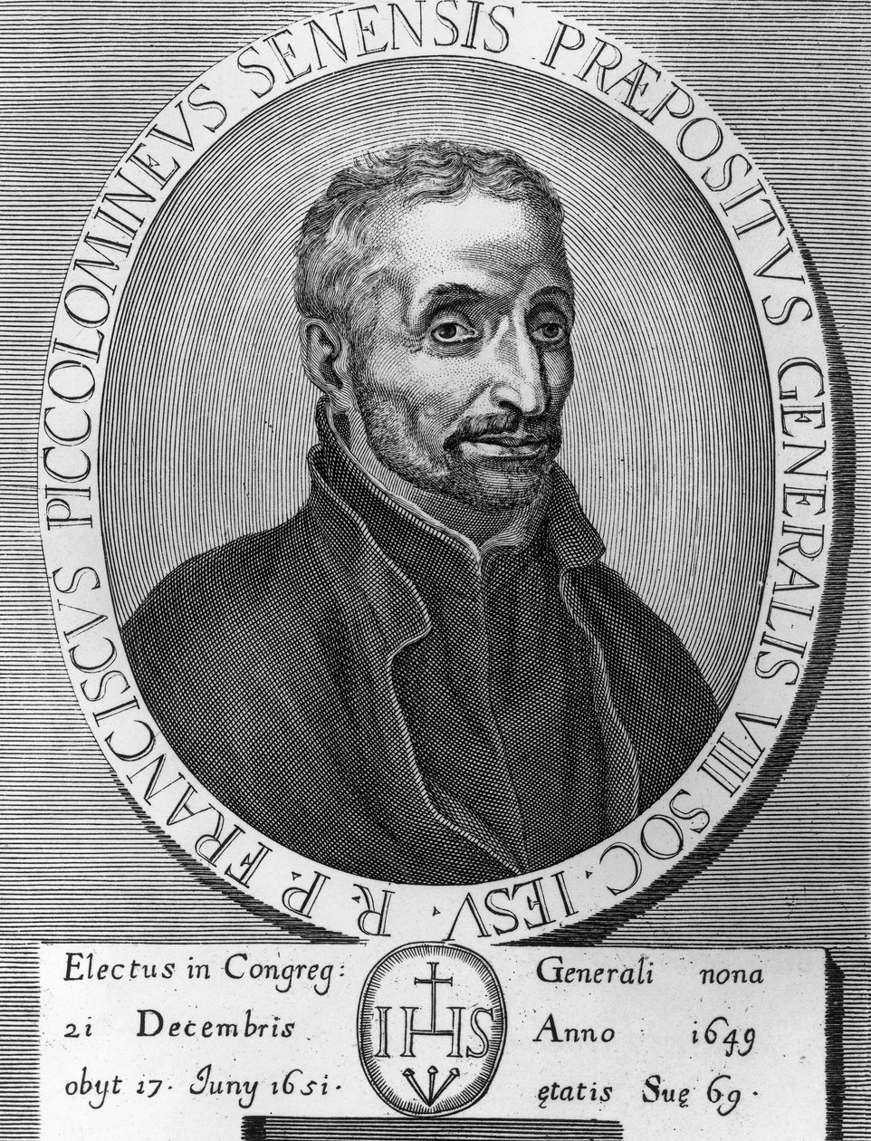 Ritratto di Francesco Piccolomini (1582-1651), gesuita italiano, Superiore Generale della Compagnia di Gesù dal 1649 al 1651, incisione da William M. Timlin
