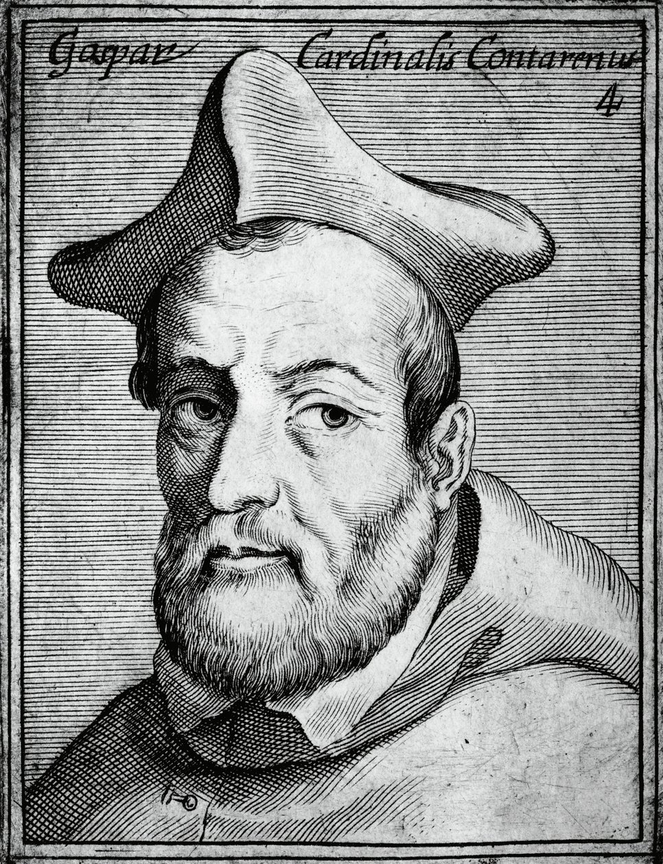 Ritratto di Gasparo Contarini, cardinale e vescovo italiano, incisione da Illustrissimorum, omnique virtutis, et scientiarum laude praestantissimoru virorum icones da William M. Timlin