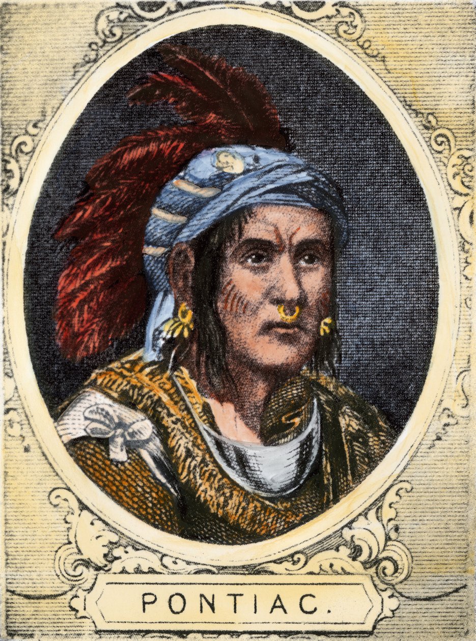 Ritratto di Pontiac (o Obwandiyag, ca. 1714-1769), capo della tribù indiana degli Outaouais di Detroit (Nazione Ottawa). Incisione colorata del XIX secolo da Unbekannter Künstler