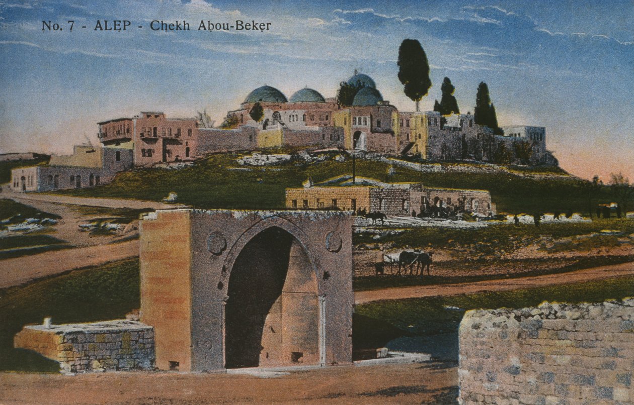 Cartolina raffigurante la Moschea Shaykh Abu Bakr ad Aleppo, Siria, c.1920 (fotolitografia a colori) da Unbekannt
