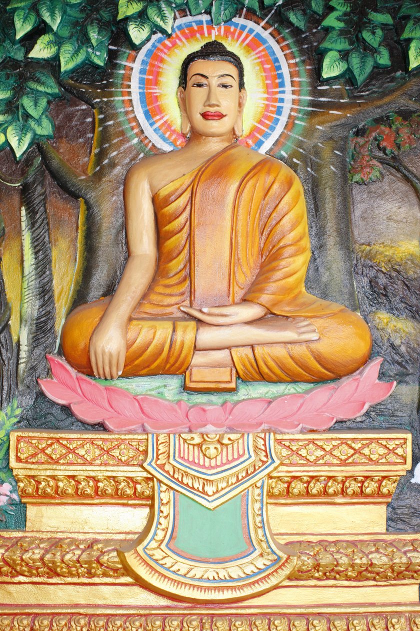 Monastero Preah Prom Rath, vita del Buddha, meditazione su un fiore di loto, il Buddha mostrato in posizione di toccare la terra, Siem Reap, Cambogia da Unbekannt