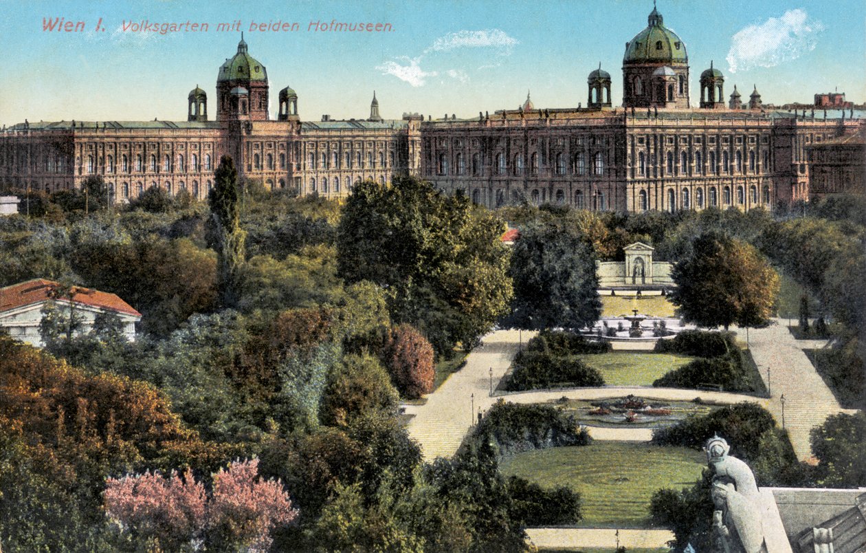 Giardini pubblici con entrambi i musei Hof, Vienna, fine XIX/XX secolo (cartolina) da Unbekannter Künstler