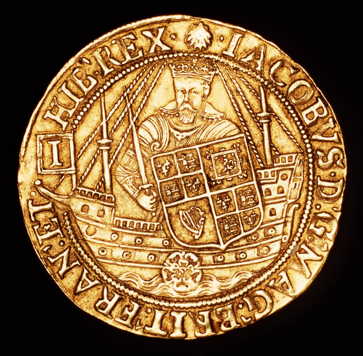 Rara moneta, Inghilterra Oro Spur Ryal, Re Giacomo I su nave con scudo da Unbekannter Künstler