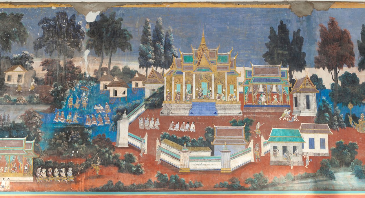 Affreschi del Reamker che adornano le pareti del complesso del palazzo reale a Phnom Penh, Cambogia da Unbekannter Künstler