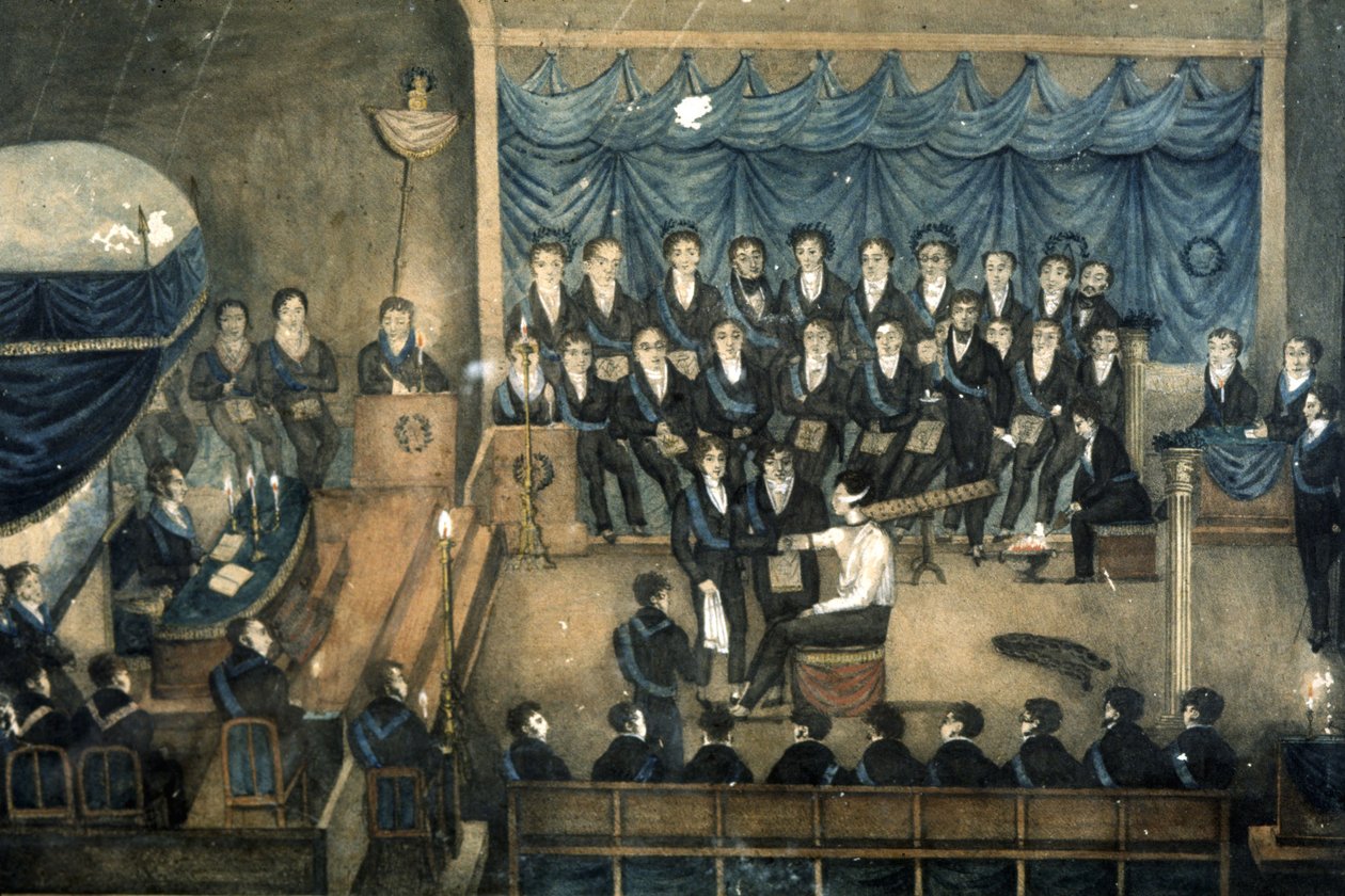 Accoglienza di un massone in una Loggia, c. 1820 (acquerello) da Unbekannter Künstler