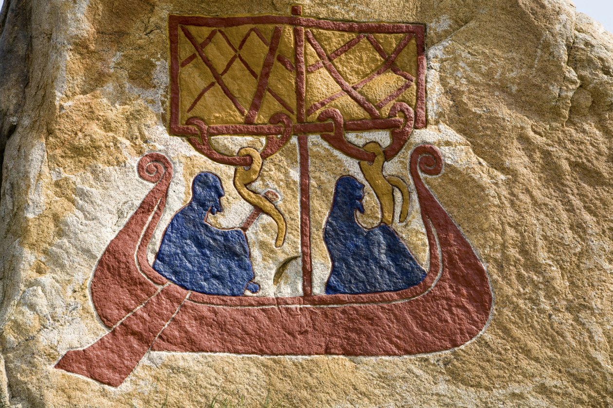 Registrazione e rappresentazione di un drakkar (nave vichinga) Runa vichinga. Museo vichingo, Bork sul Ringkoebing Fjord, Danimarca da Unbekannter Künstler