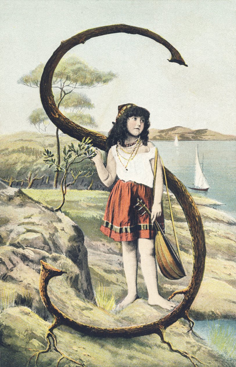 S : Una giovane ragazza con una gonna corta e un corpetto senza maniche tiene una mandolina nella mano sinistra. Ambiente campestre - Alfabeto personaggi Rif Th. E., L. Theochrom - Serie 994. Theodor Eisman, editore, Lipsia da Unbekannt