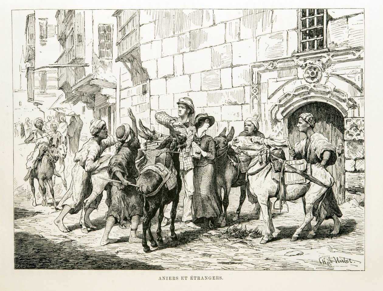 Disegno satirico che raffigura turisti occidentali circondati da asini e dai loro conducenti - Illustrazione dall