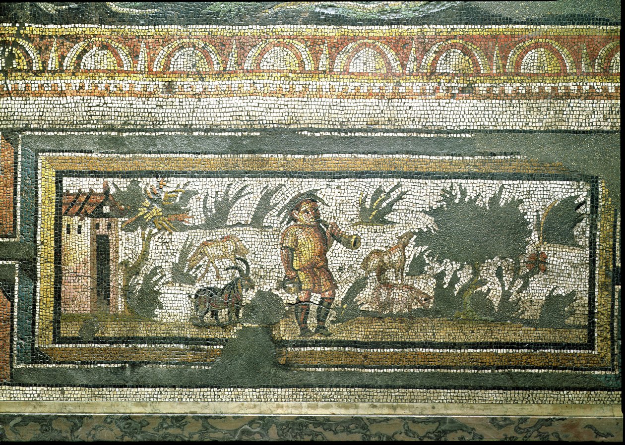 Scena di un capraio con le sue capre, dettaglio del bordo di un pavimento a mosaico che raffigura le stagioni e scene di caccia, dalla Villa Costantiniana a Daphne, romana, c.325-330 d.C. da Unbekannt