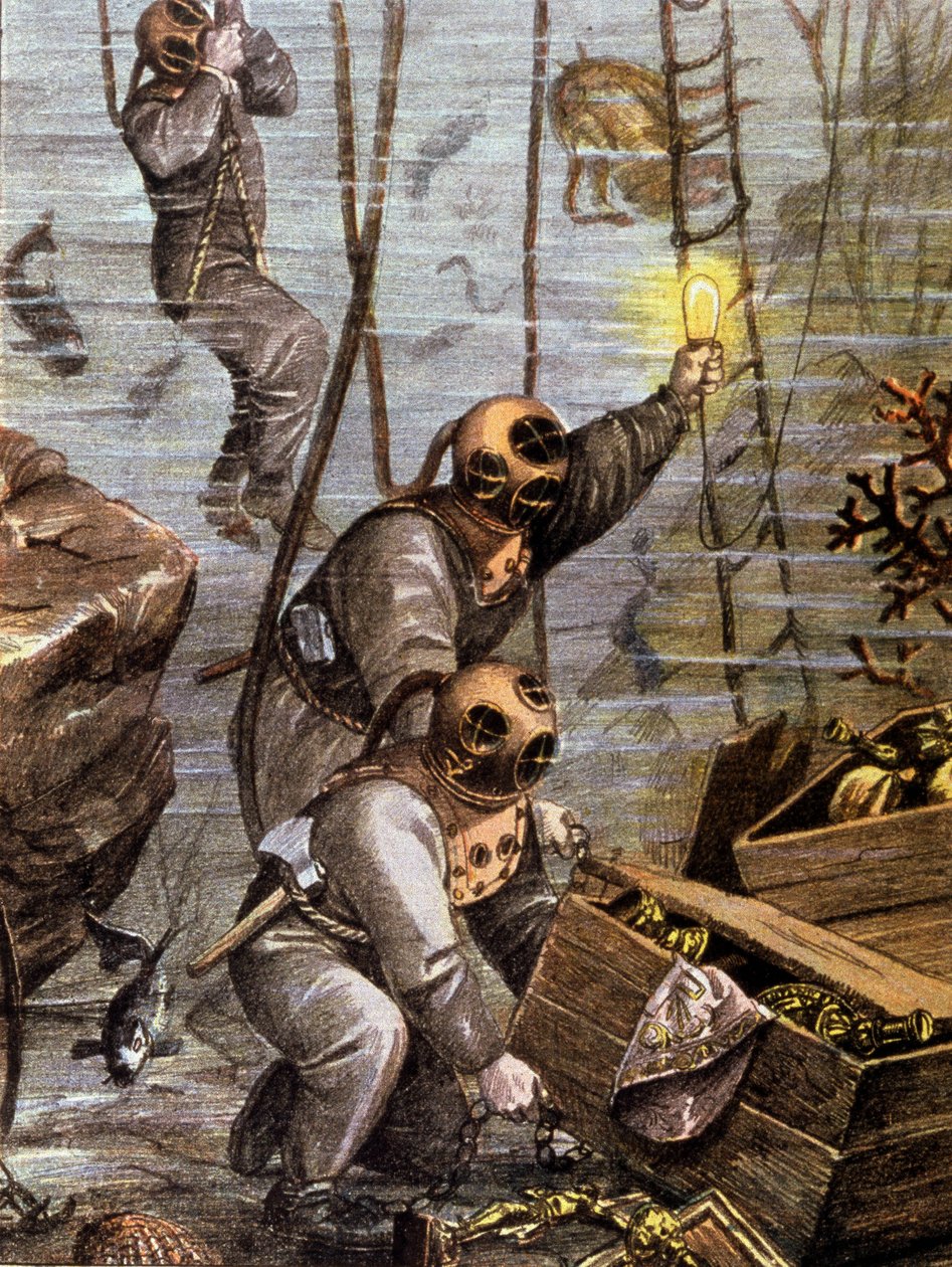 Subacqueo che scopre un tesoro sottomarino, inizio XX secolo da Unbekannter Künstler