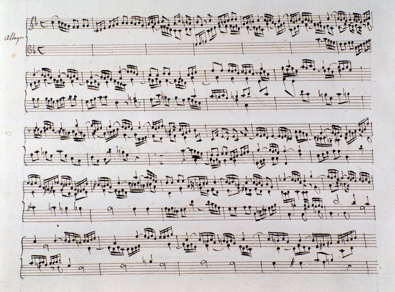 Pagina di spartito musicale per la Fuga di Handel da un manoscritto contenente due opere di Domenico Scarlatti e Friedrich Handel da Unbekannter Künstler