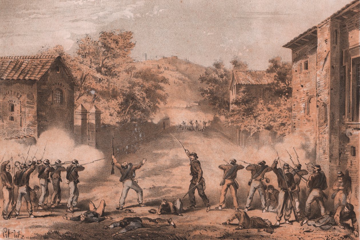 Volontari siciliani che attaccano i posti avanzati sul lato sinistro dei napoletani a Milazzo, Sicilia da William M. Timlin