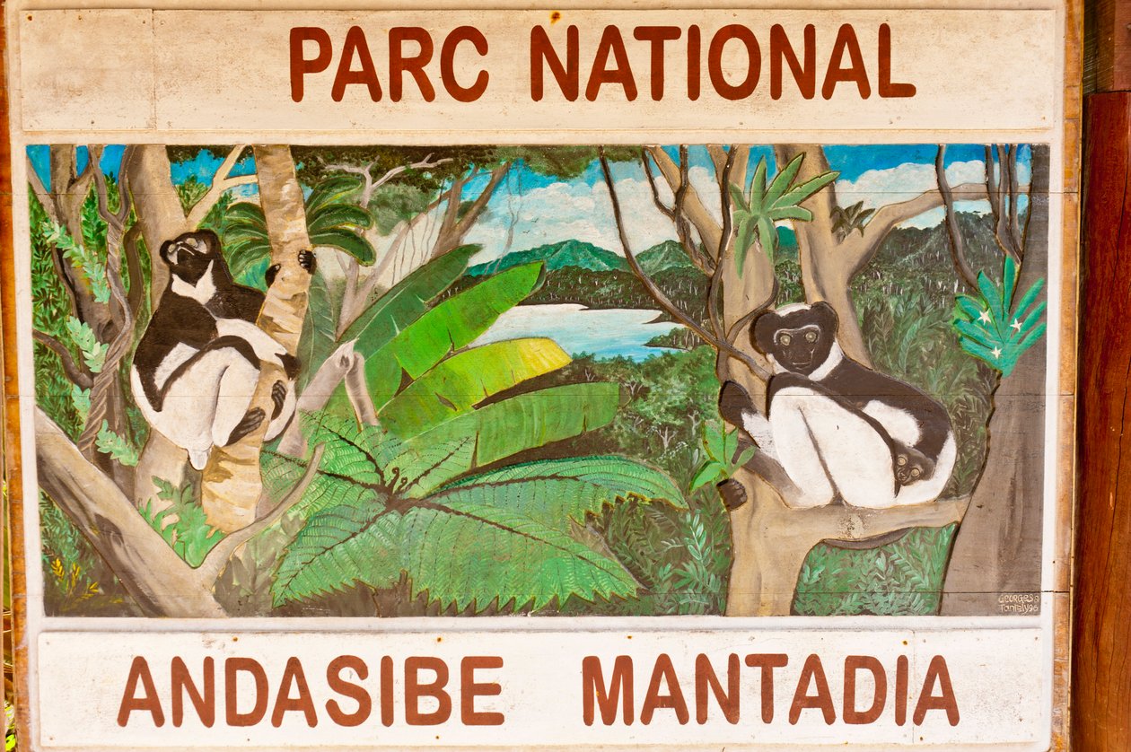 Cartello raffigurante lemuri nella giungla; Parco Nazionale Andasibe-Mantadia; Madagascar; Africa da Unbekannt