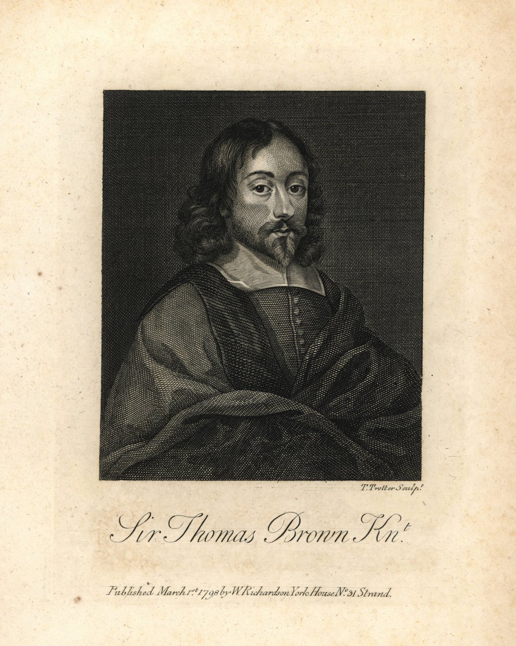 Sir Thomas Brown, polimata e scrittore inglese di scienza, medicina, religione e esoterismo, morto nel 1682. Incisione su rame da Portraits Illustrating Granger