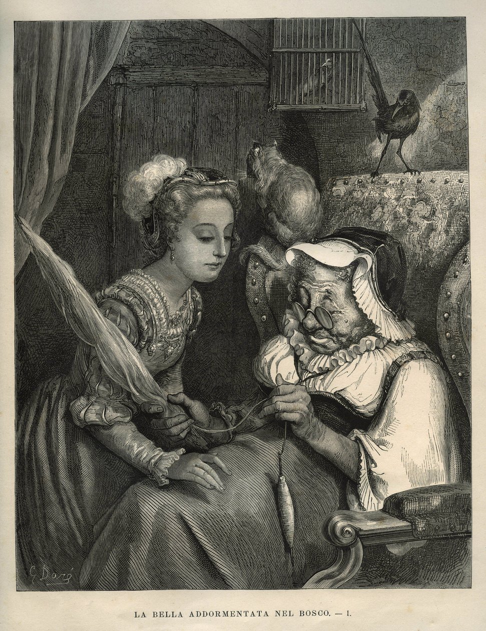 La bella addormentata: la principessa scopre una vecchia che fila la lana. Incisione di Gustave Doré (1832-1883) da 