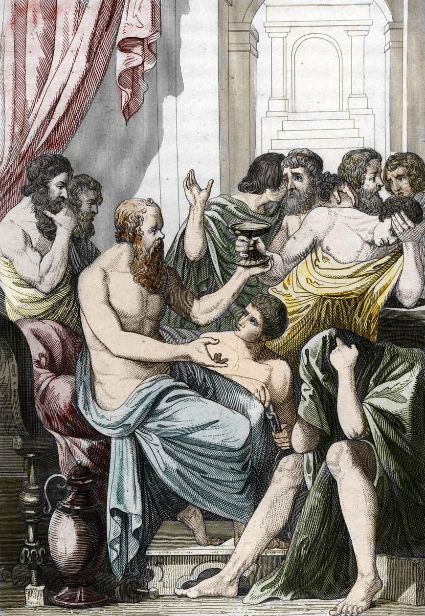 Socrate condannato a bere cicuta (399 a.C.), fine XIX secolo (Incisione) da Unbekannter Künstler