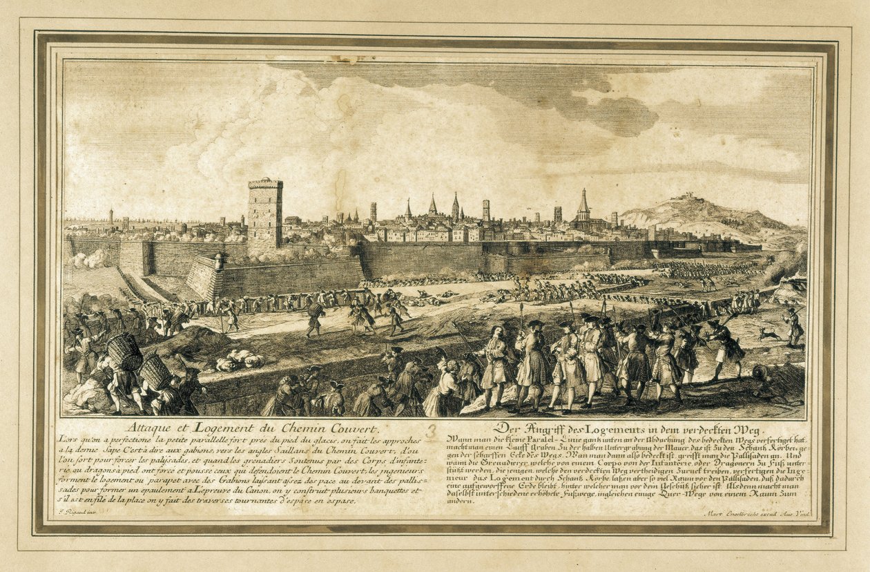Spagna: Guerra di Successione Spagnola (1714). Assedio di Barcellona (incisione) da Unbekannter Künstler