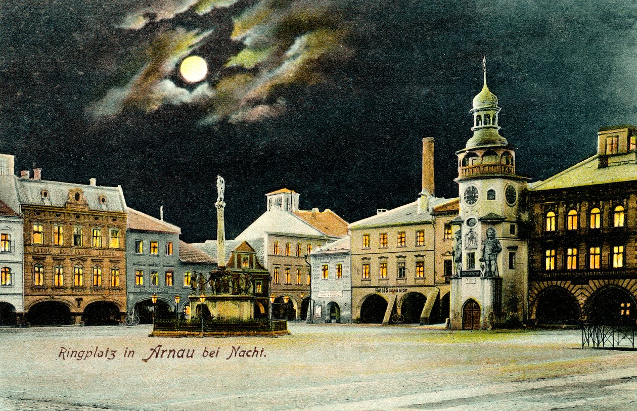 Piazza a Hostinné (Tedesco: Arnau) di notte da Unbekannter Künstler