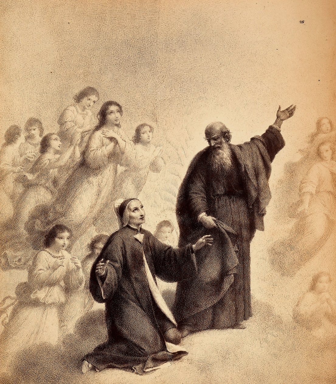 San Bernardo, sorridente, invita Dante a guardare in alto; il poeta è inginocchiato, con le braccia aperte, accanto al santo; spiriti beati li circondano. Illustrazione del Canto XXXIII del Paradiso della Divina Commedia di Dante Alighieri. Opera di France da Unbekannter Künstler