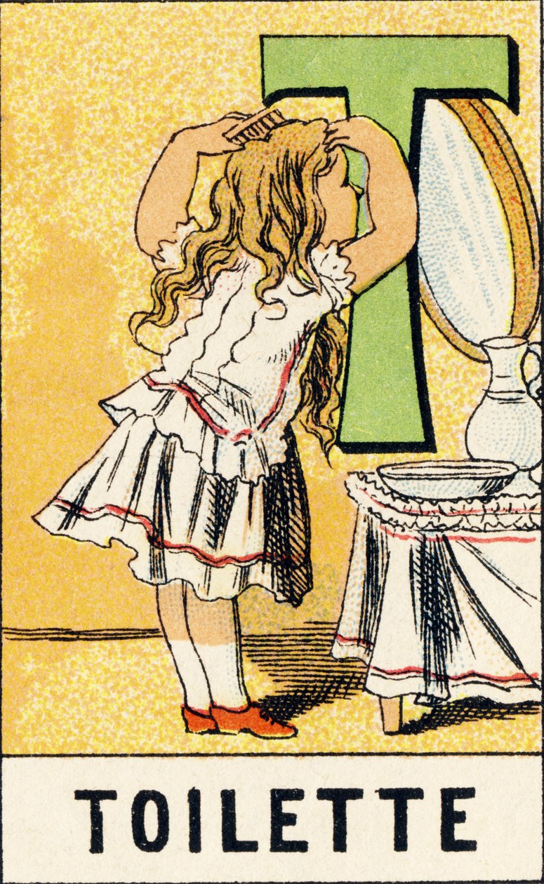 T : Toilette - Incisione tratta da ABCD delle bambine. Pellerin & Cie, stampatore-editore, Épinal, circa 1890. Serie A. Dimensioni: 19 x 13,5 cm. da Unbekannt