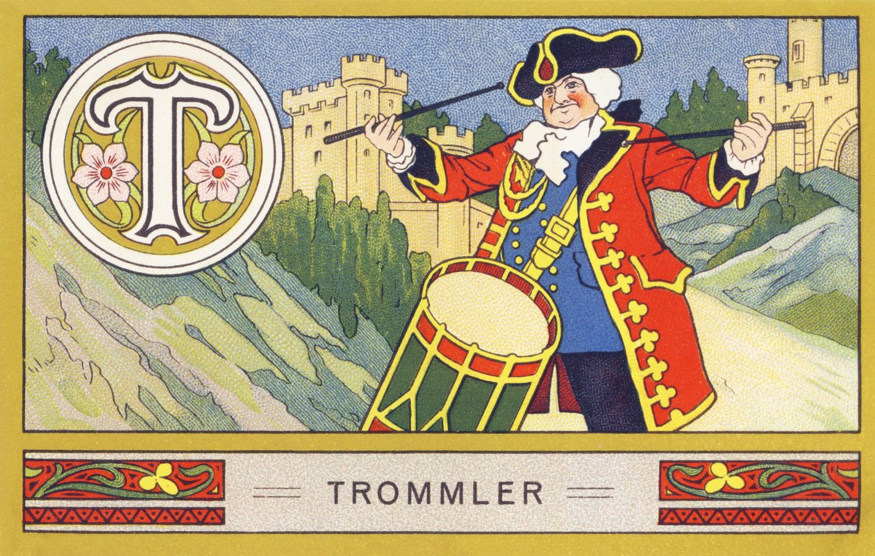 T: Trommler - Alphabet Palmin. Serie di cromolitografie edite da H. Schlinck & Cie, Amburgo, s.d. Pubblicità per Palmin feinstes Cocosfett. Dimensioni: 7 x 11 cm da William M. Timlin