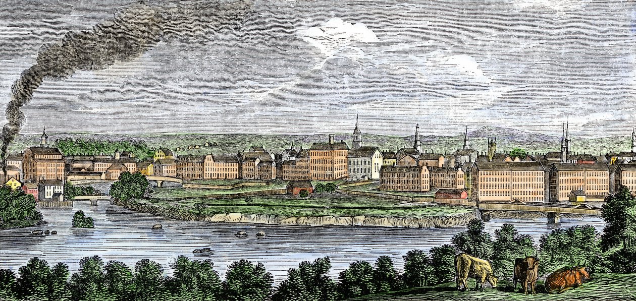 Mulini tessili lungo i fiumi Merrimack e Concord, Lowell, Massachusetts, USA negli anni 1830. Incisione colorata del XIX secolo da Unbekannter Künstler