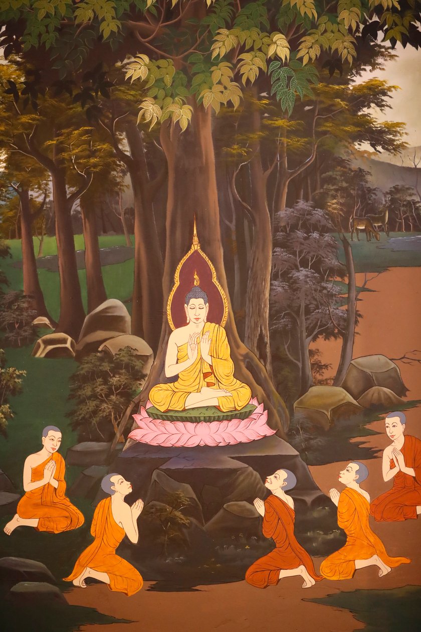 Il Buddha predicò il suo primo sermone ai cinque monaci, Affresco murale, Tempio Wat Botum, Phnom Penh, 2022 da Unbekannter Künstler