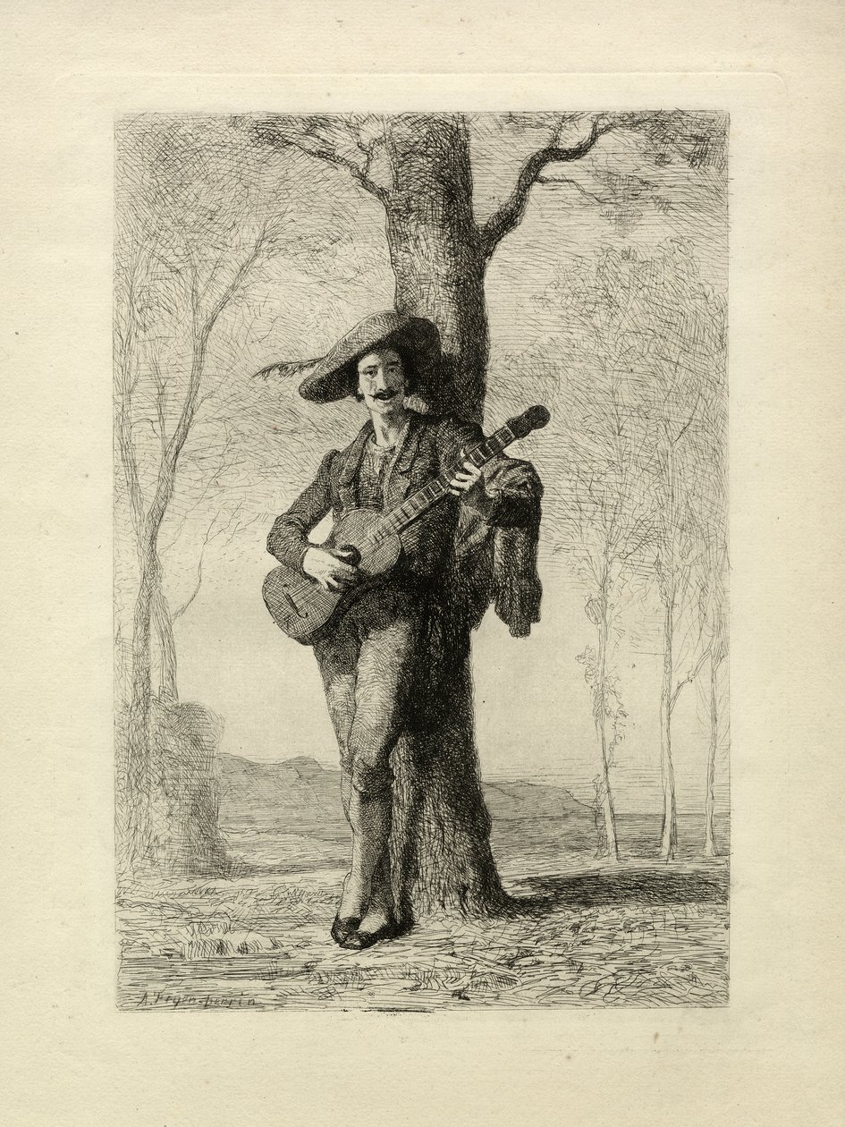Il chitarrista, Francia, c.1870 (incisione) da Unbekannter Künstler