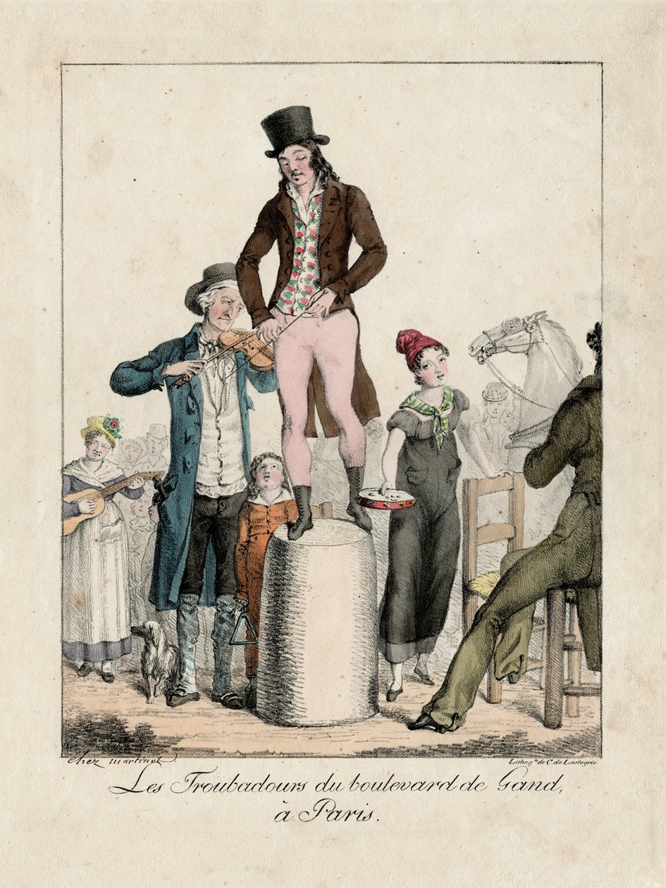 I Trovatori del Boulevard de Gand, Parigi, c.1820 (incisione) da Unbekannter Künstler