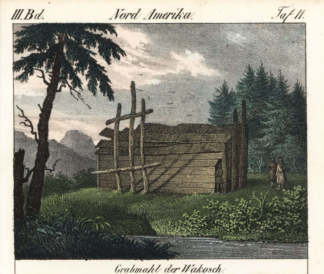 La tomba di legno degli indiani Wakashan (Canada). Litografia per il libro: “Galerie complete en tableaux fideles des peuples d