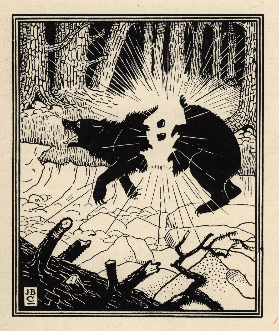 Il barone fa esplodere un orso nero con due pietre focaie. Illustrazione di William Strang e JB Clark da Le avventure del Barone di Munchausen di Rudolf Erich Raspe da Unbekannt