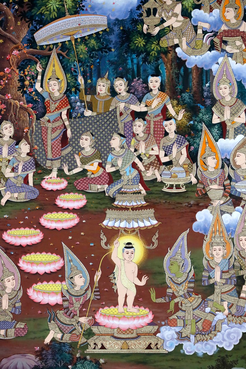 La nascita del neonato Siddhartha, affresco murale, monastero Wat Maniratanaram, Phnom Penh, 2022 (foto) da Unbekannter Künstler