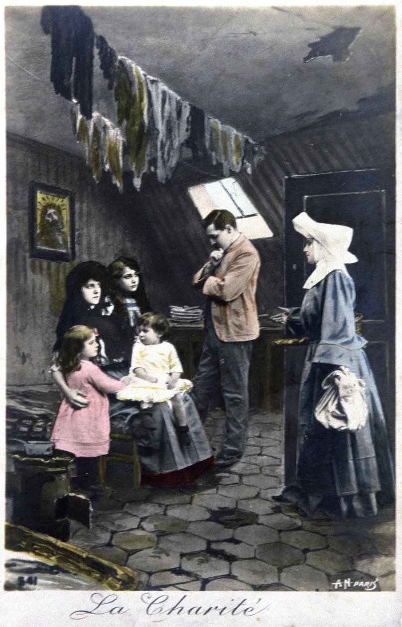 La carità: suora che visita i poveri, c. 1910 da Unbekannter Künstler