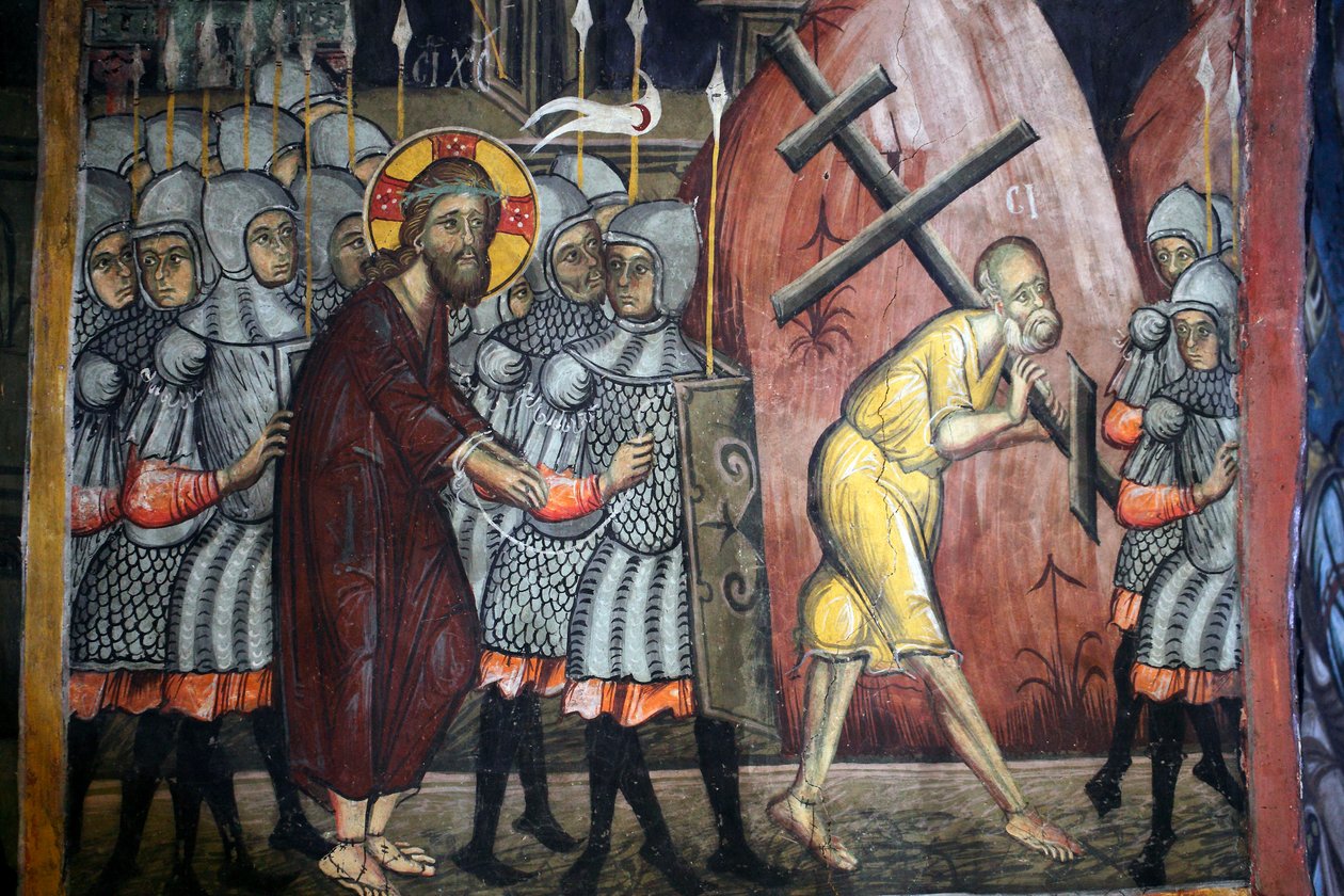 La passione di Cristo, Simone porta la croce, affresco bizantino del monastero di Agios Ioannis Lampadistis, San Giovanni Lampadistis, XI secolo, Cipro, chiese dipinte, sito UNESCO, Troodos, Cipro da Unbekannt
