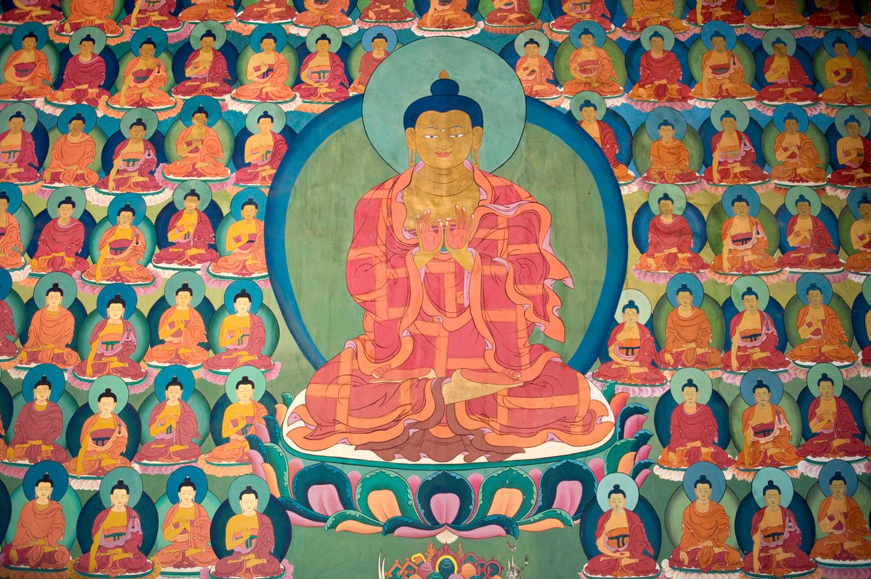 Buddismo tibetano; dipinto murale; Buddha in meditazione; molti piccoli Buddha; Monastero di Chemre Gompa; Chemrey; regione di Ladakh; Jammu e Kashmir; India; Asia meridionale; Asia da Unbekannt